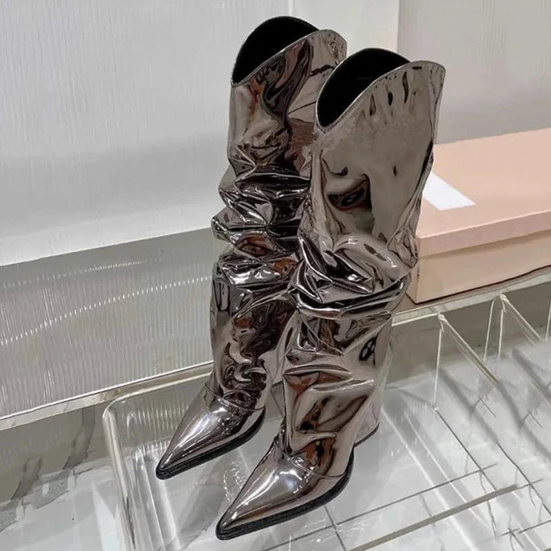 37 / Brown Women's Pointy Toe Knee-high Booties High Chunky Heels Boots Colorful  Metallic Pleated Upper Slip On Shoes