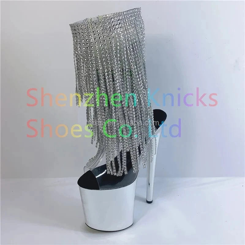 37 / silver Sexy tassel round head low leg ankle boots 20cm super high heel waterproof platform pole dance shoes