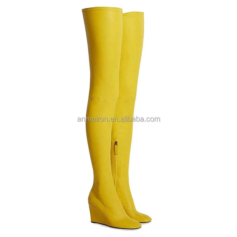 37 / Yellow Anmairon In Stock Fast Shipping Stretch Leather Over The Knee Bright Color Women Wedge Boots