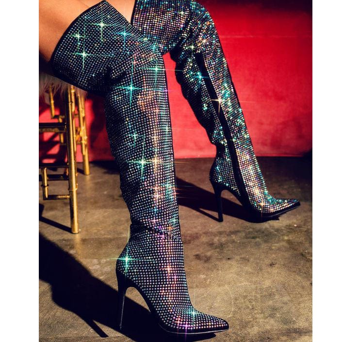 38 / 2 TX Colored bright diamond pointed toe over the knee stiletto fashion street ladies boots knee high