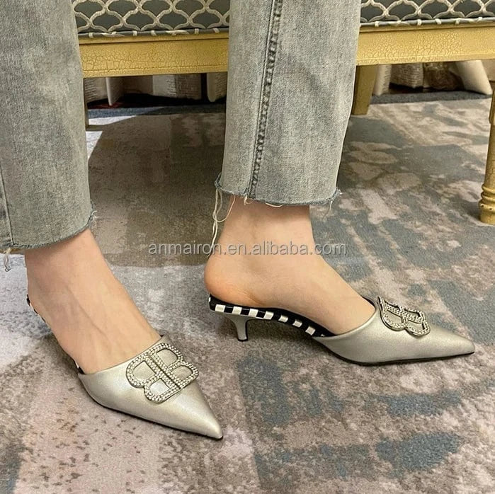 38.5 / silver Wholesale price stiletto high heels slippers ANMAIRON low heel pointy diamond heeled sandals sexy womens slippers