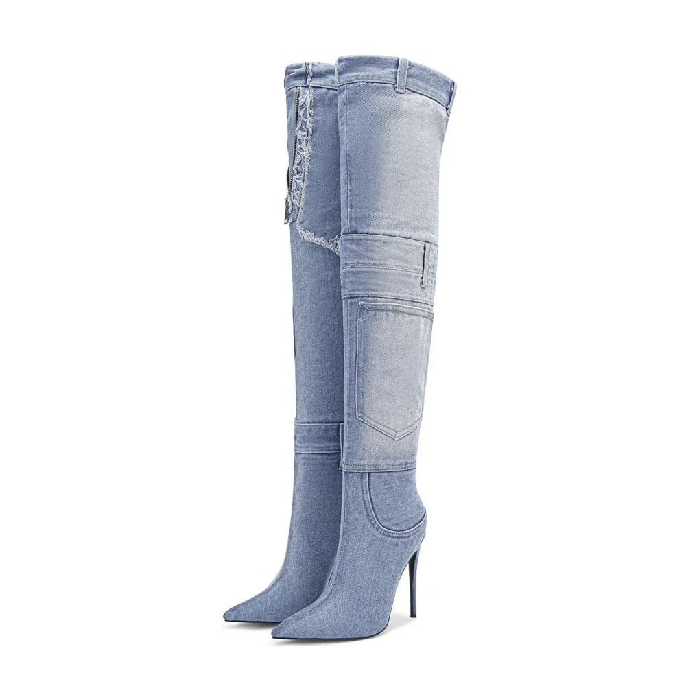 38 / Blue Handmade Women's Sewing Patchwork Over Knee High Thin Heels Pockets Boots Pointed Toe Shoes Stiletto Wide Fit Long Booties