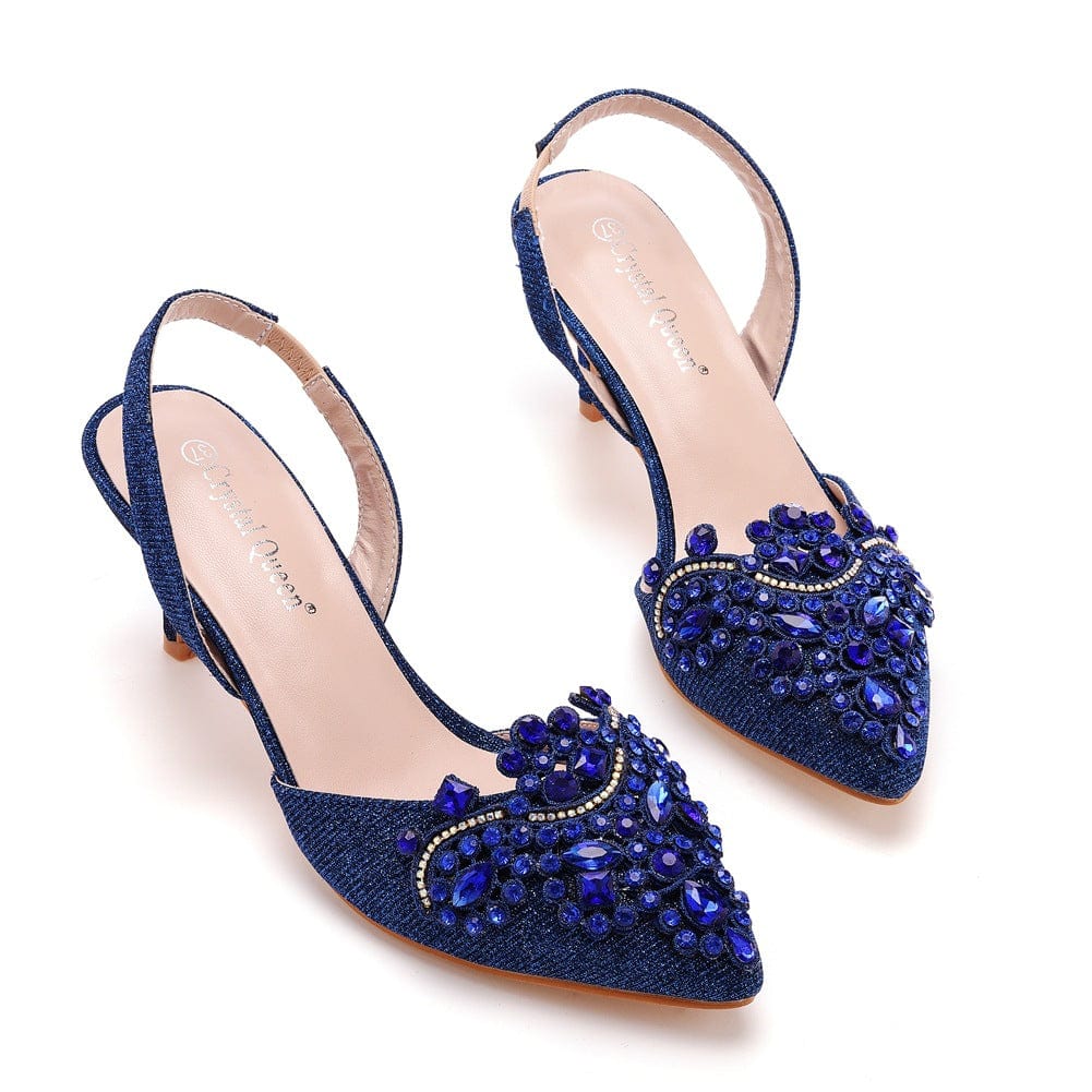 38 / Blue S4829F   High quality custom 6cm shallow mouth pointy toe discoloration cloth stiletto large size banquet girls wedding shoes