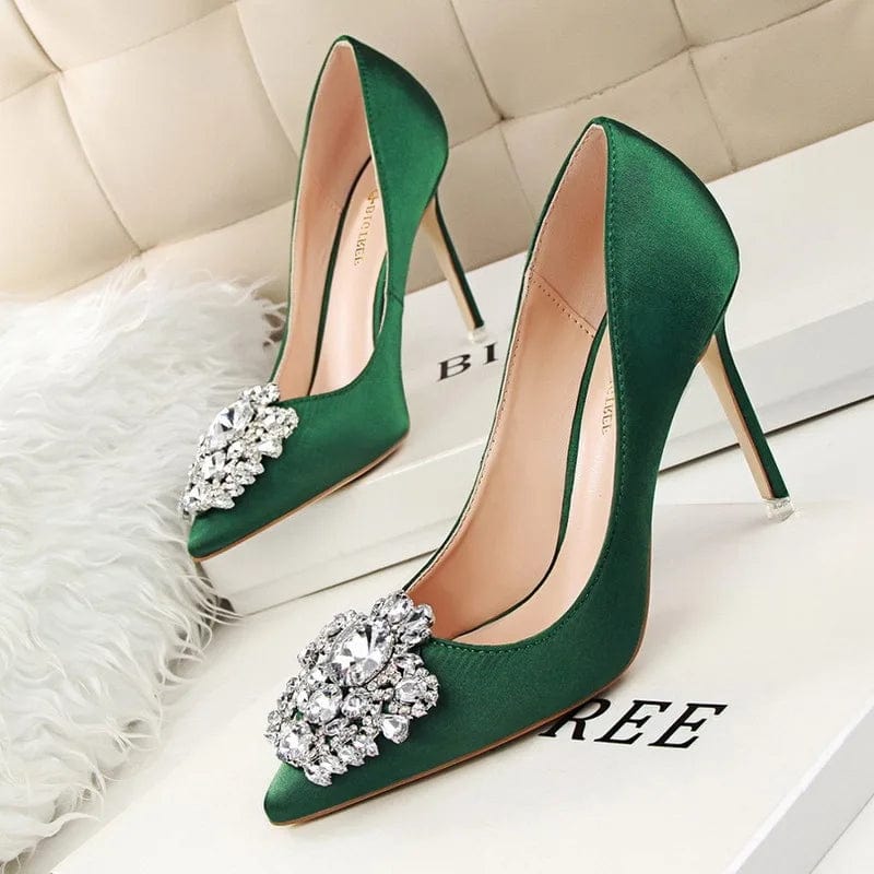 38 / green New Women Korean Shining Crystal simple  high heels Slippers Shallow pointed mouth thin mature sexy women High Heel Sandals