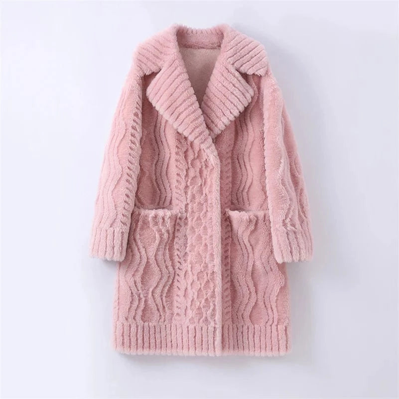 38 / Pink Pudi Women Real Wool Fur Coat Jacket Winter Long Sheep Fur Coats Parka Trench CT133