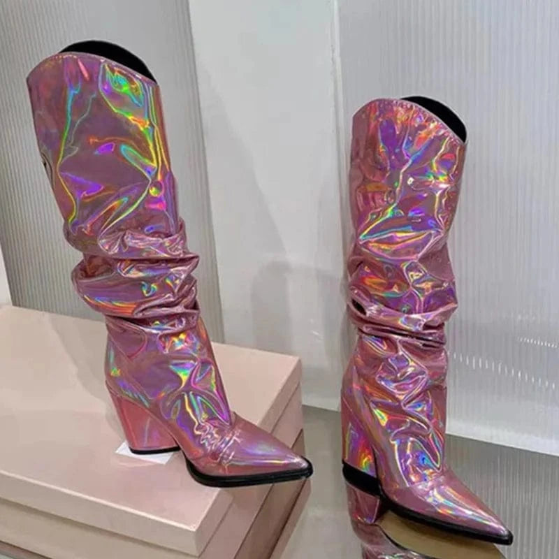 38 / Pink Women's Pointy Toe Knee-high Booties High Chunky Heels Boots Colorful  Metallic Pleated Upper Slip On Shoes