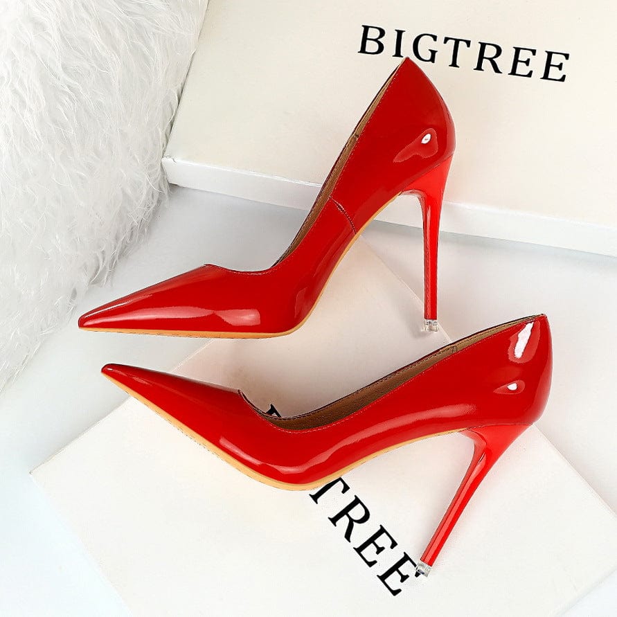 38 / Red S4676F  Fashion simple stiletto super high heel glossy patent leather shallow mouth pointed toe sexy slimming wedding shoes
