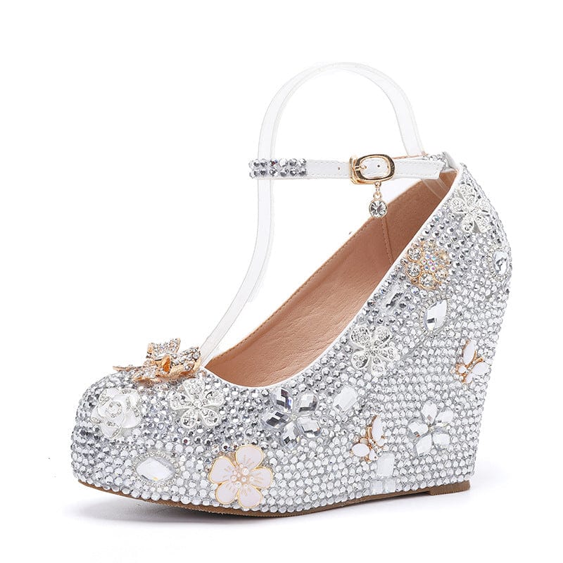 38 / silver wedge S4658F     New low-top pointed toe silver sparkling diamond stiletto everyday fashion  bridal shoes for weddings