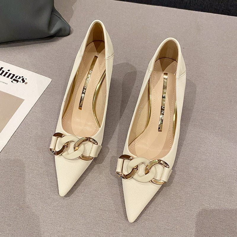 39 / Beige New Shallow Metal Chain Buckle Heeled Sandals for Women and Ladies Fashion Outdoor Work High Heel Pumps