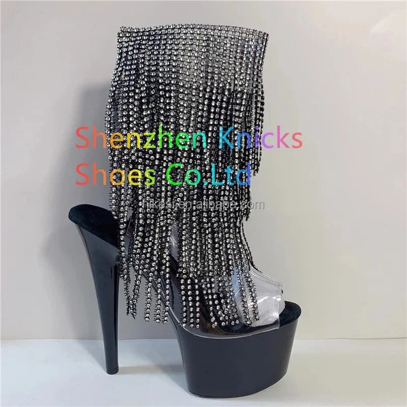 39 / Black 7inch-17cm sexy tassel autumn/winter thin heel high heel back lace-up steel pipe dance shoes Candy rainbow tassel