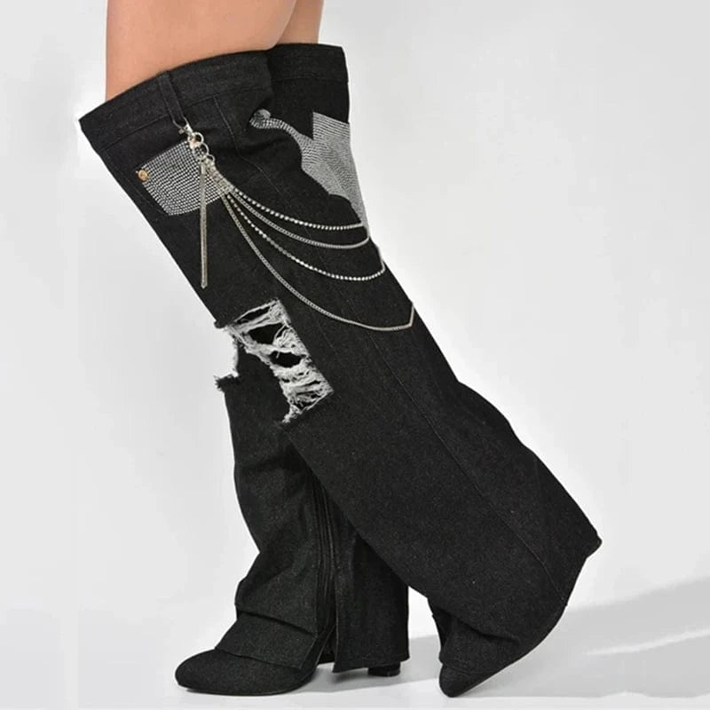 39 / Black Chain Decor Women Denim Overlay Over Knee High Boots Ladies High Chunky Heels Shoes Patchwork Jeans Pants Long Booties