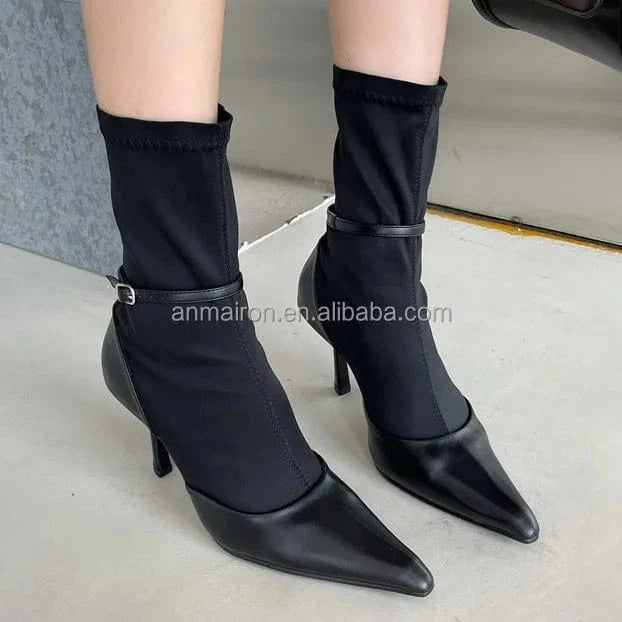 39 / Black Dropshipping black leather sock and sandals boots ANMAIRON wholesale price stain boots pointed toe womens pumps