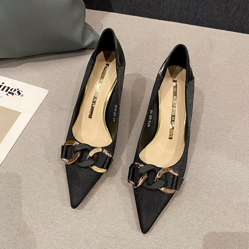 39 / black New Shallow Metal Chain Buckle Heeled Sandals for Women and Ladies Fashion Outdoor Work High Heel Pumps
