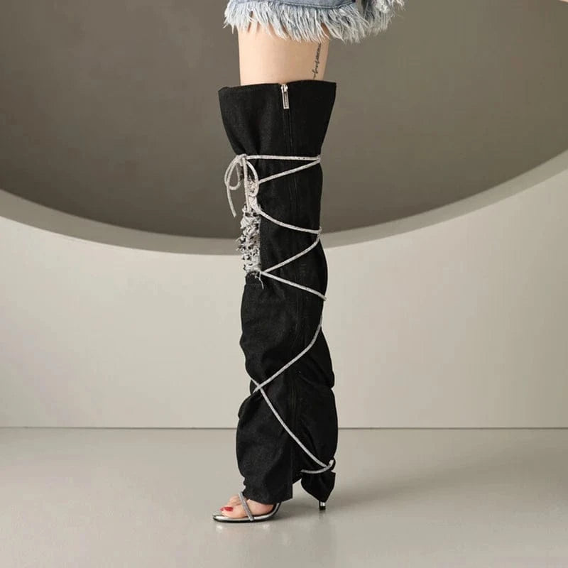 39 / Black Women Denim Upper Custom Styles Over Knee High Boots Ladies High Heels Lace Up Pants Shoe Summer Jeans Sandals Long Booties