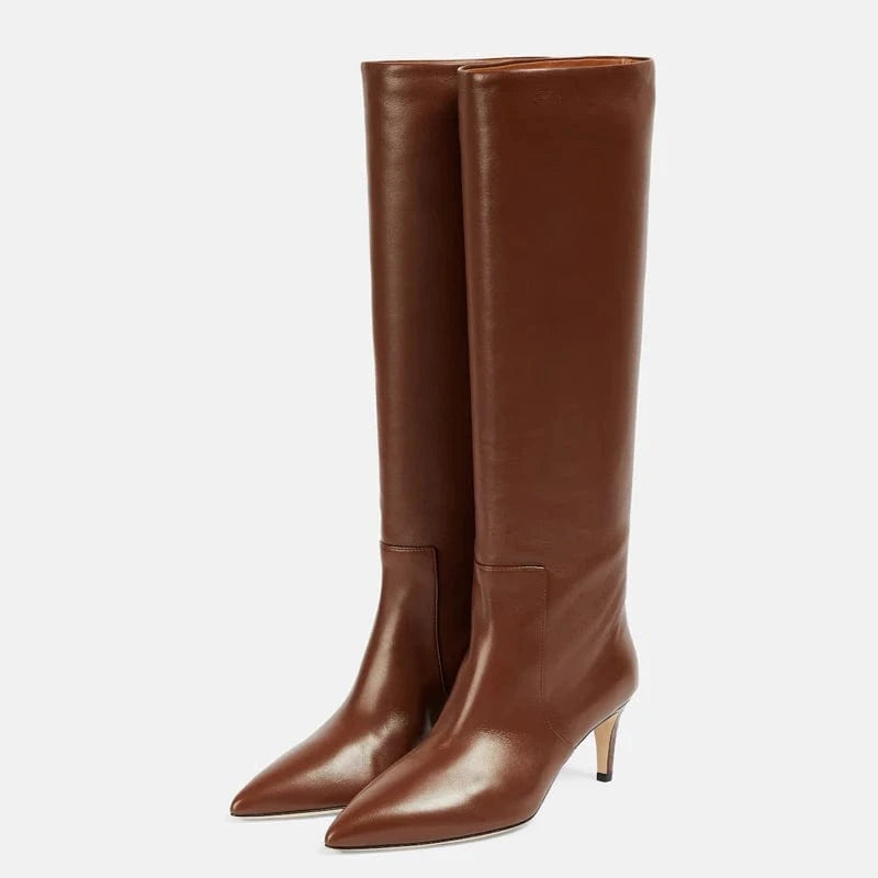 39 / Brown Large Size 46 Solid Wide Fit Women's Knee High Boots Ladies Low Heels Shoes Pointed toe Slip on Long Booties
