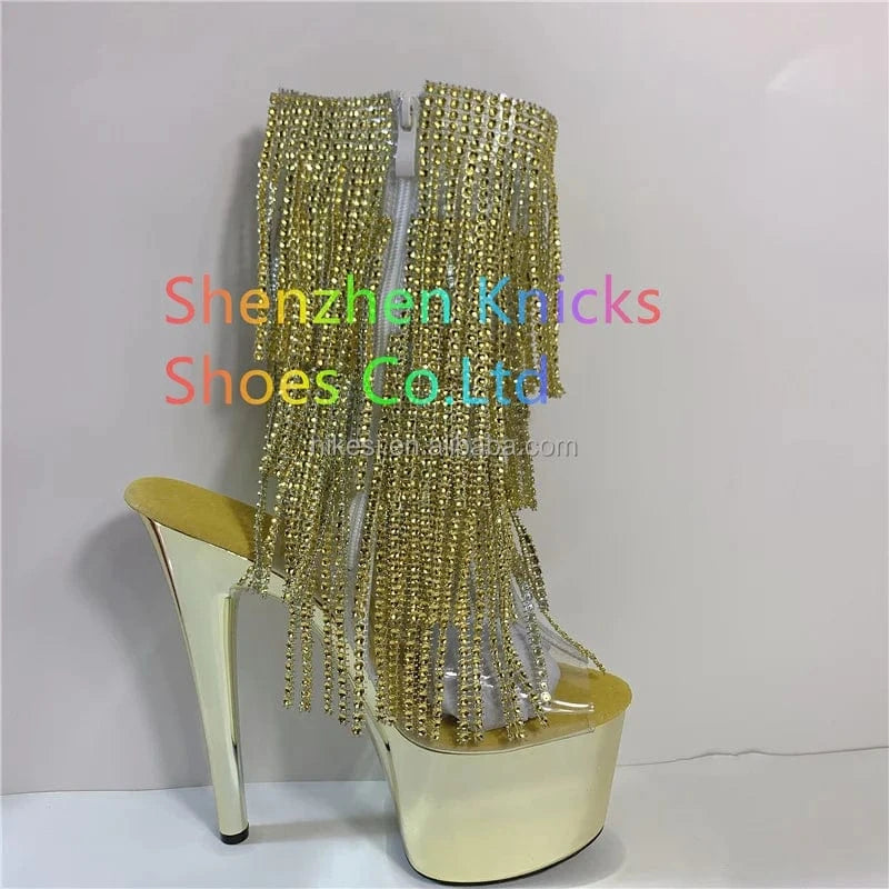 39 / Gold 7inch-17cm sexy tassel autumn/winter thin heel high heel back lace-up steel pipe dance shoes Candy rainbow tassel