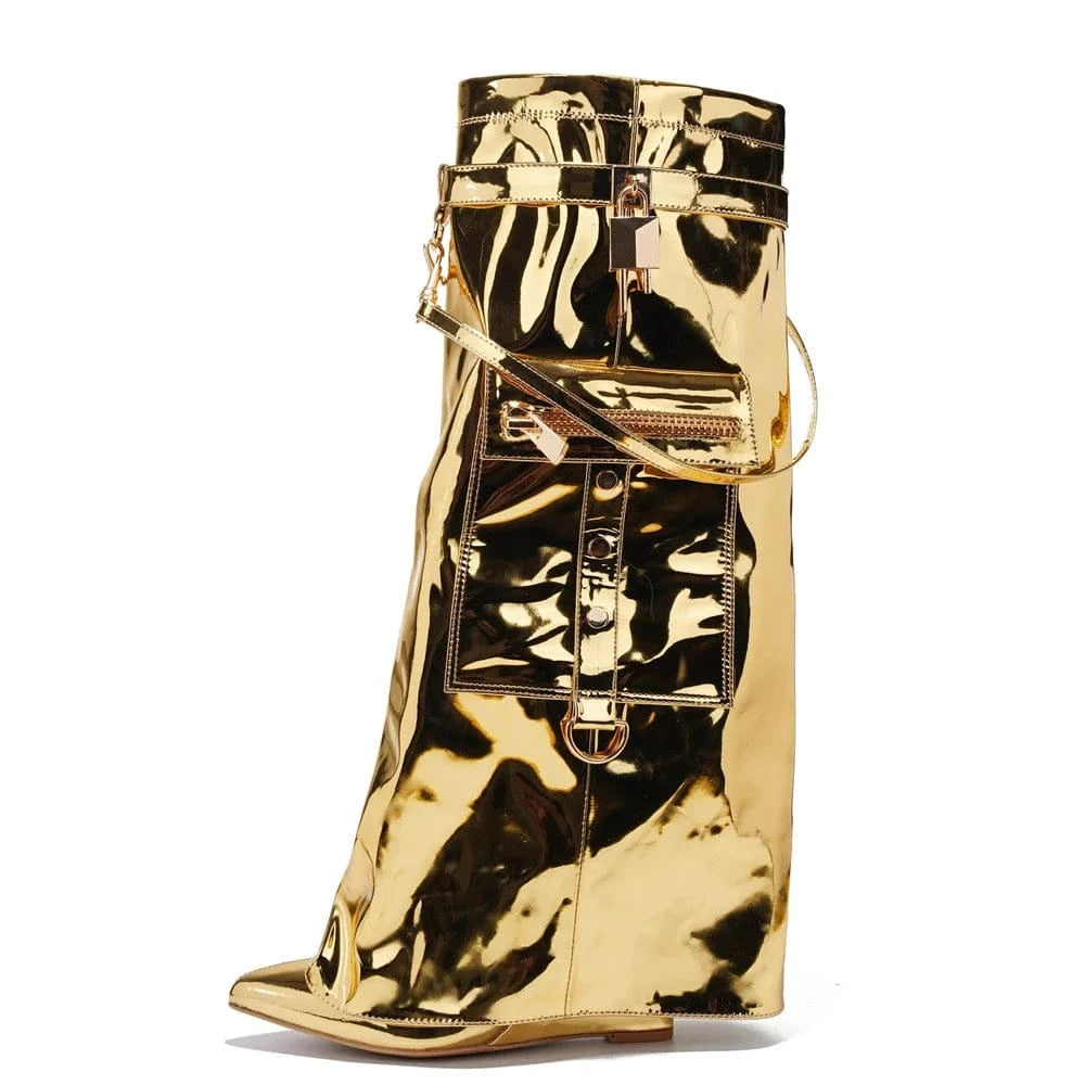 39 / Gold Women's Lock Pointy Toe Knee-high Booties Lock Wedge Pants Booties Strap Pocket Metallic PU Camouflage Print Overlay Shoes