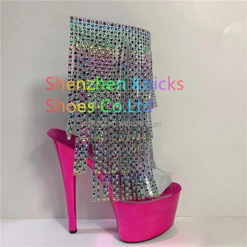 39 / Plum 7inch-17cm sexy tassel autumn/winter thin heel high heel back lace-up steel pipe dance shoes Candy rainbow tassel