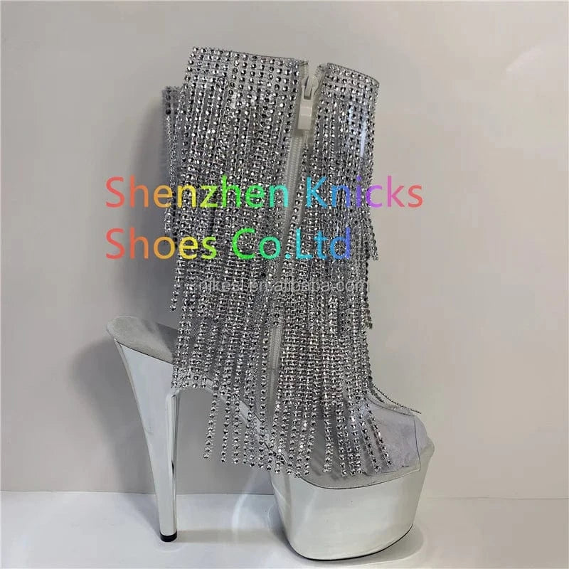 39 / silver 7inch-17cm sexy tassel autumn/winter thin heel high heel back lace-up steel pipe dance shoes Candy rainbow tassel