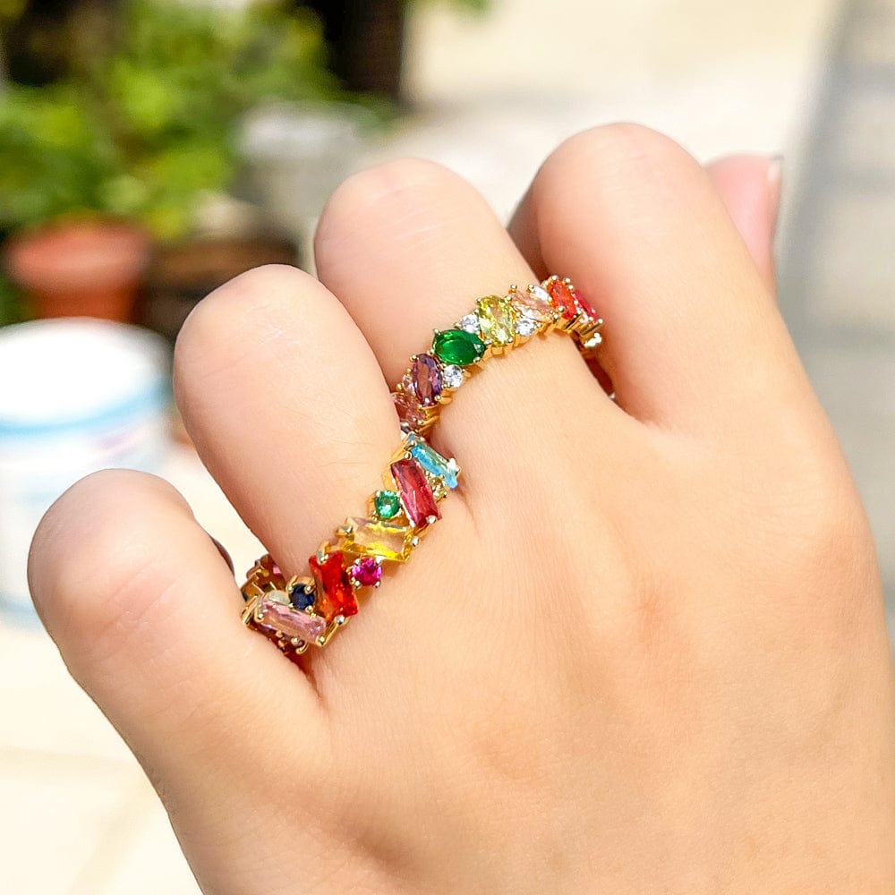 3A Grade Multicolor Oval Baguette Cubic Zirconia Paved Gorgeous Dubai Gold Color Rainbow CZ Party Finger Rings for Women Jewelry