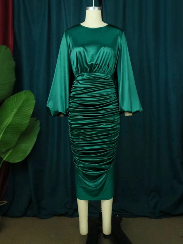 3XL / green Bodycon Midi Lantern Sleeves O Neck Women Evening American Satin Dress