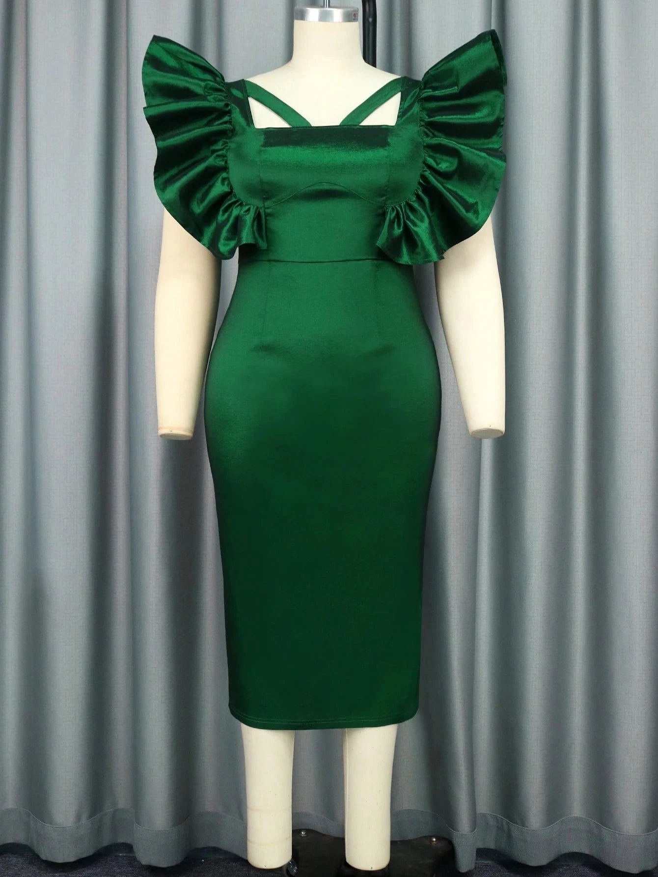 3XL / green Custom Green Shimmer Cut Out Slim Women Ruffle Christmas Cocktail Dress