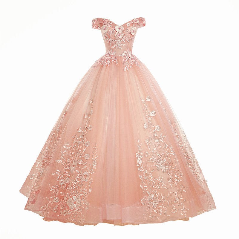 3XL / Pink meat / NO New Designs Off Shoulder Gold Ball Gown Wedding Dresses Luxury Lace Up Flower Embroidered Banquet Evening Party Dress