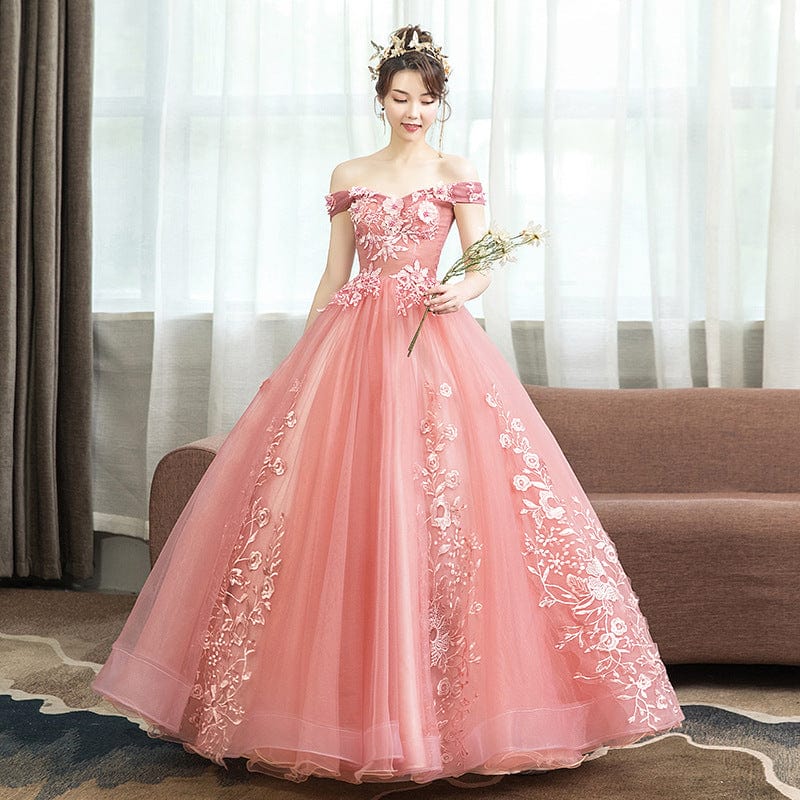 3XL / Pink / NO New Designs Off Shoulder Gold Ball Gown Wedding Dresses Luxury Lace Up Flower Embroidered Banquet Evening Party Dress