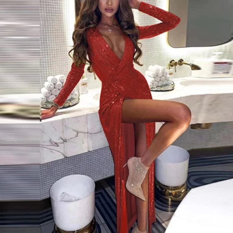 3XL / Red High Slit Shiny Sequin Dress Women Sexy V Neck Robe Club Party Dress Spring Autumn Hollow Out Slim Long Draped Dresses