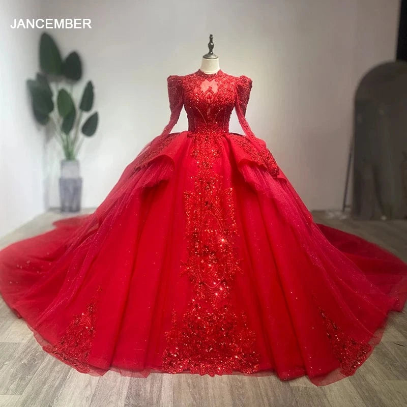 4 / 1 Luxury Red Wedding Dresses Long Sleeve High Neck Applique Lace Up Church Bride Gowns Wm30