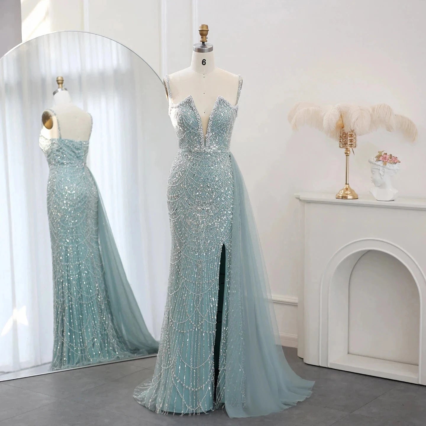 4 / 2 Luxury Nude Spaghetti Straps Mermaid Arabic Long Evening Dress with High Slit Overskirt for Wedding Party Gown SZ311