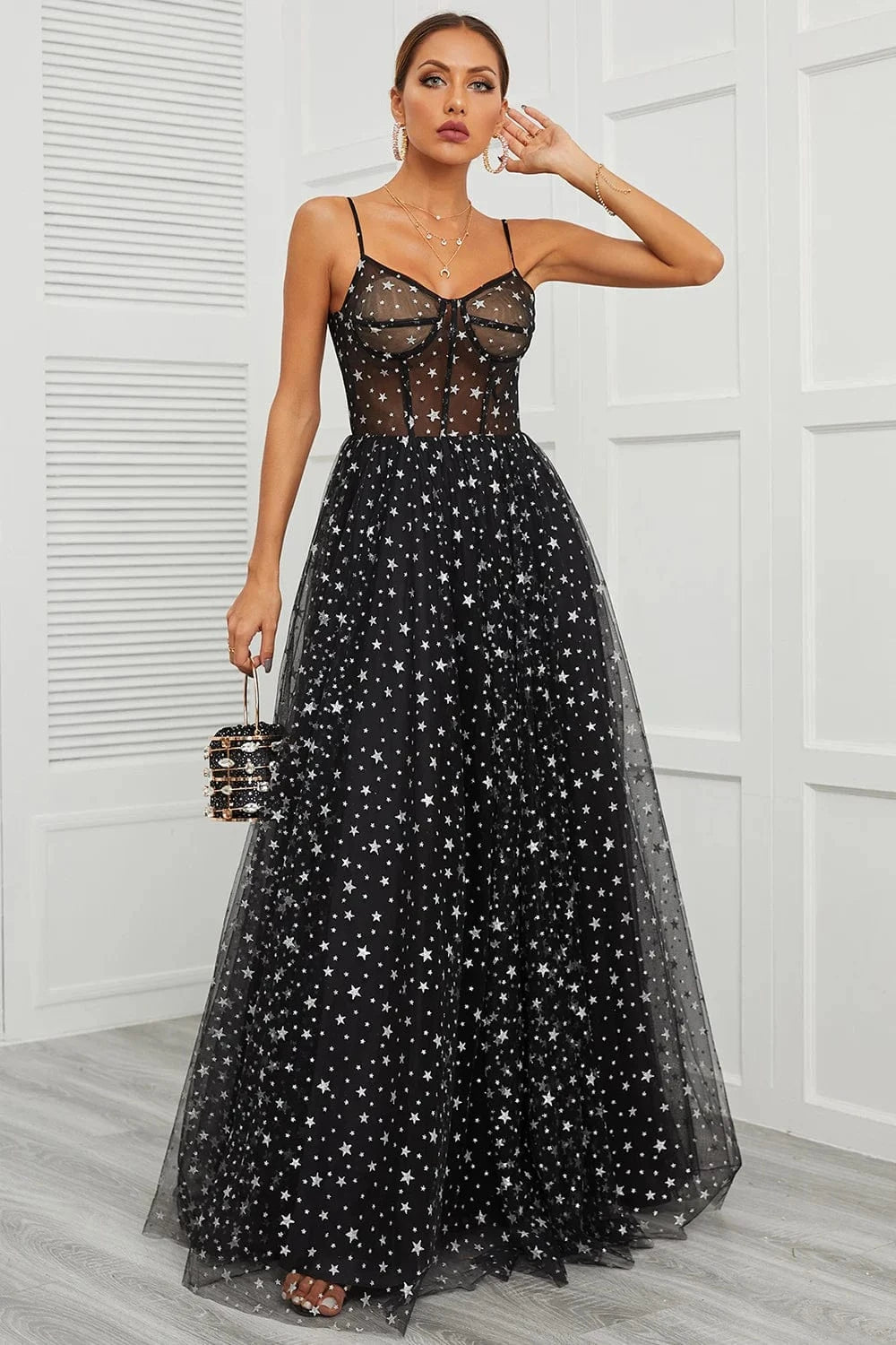 4 / Pictue color Sexy Dinner Gown Spaghetti Strap Long Prom Dresses Silver Starts Black Tulle Formal Party Dress