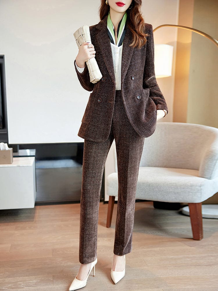 4 XL / 2 Piece Coffee Pant Suit High-quality Velvet Fabric Business Pant Suit 2 Piece Set for Women OEM Jacket and Trouser Double Breasted Office Lady Style