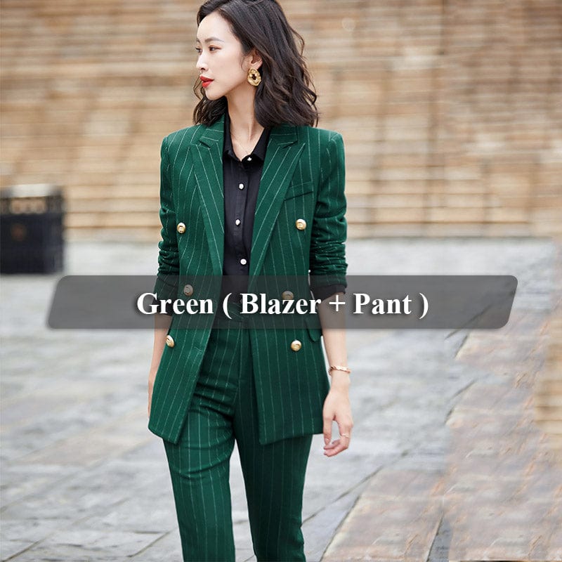 4 XL / 2 Piece Green Pant Suit Custom Womens Suit Wholesale Dropship Green Double Breasted Striped 2 Piece Suit Set Pant Suit Work Wear Office Lady Style
