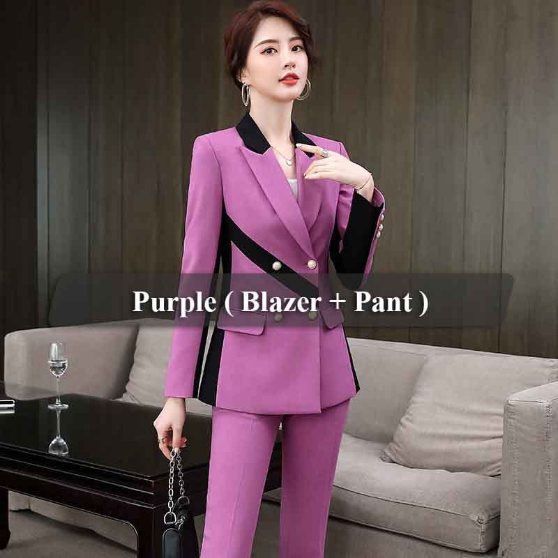 4 XL / 2 Piece Purple Pant Suit High Street Fashion Style 2 Piece Suit Set for Women Colorful Candy Color Contrast Pant Suits Office Lady Blazer with Trouser