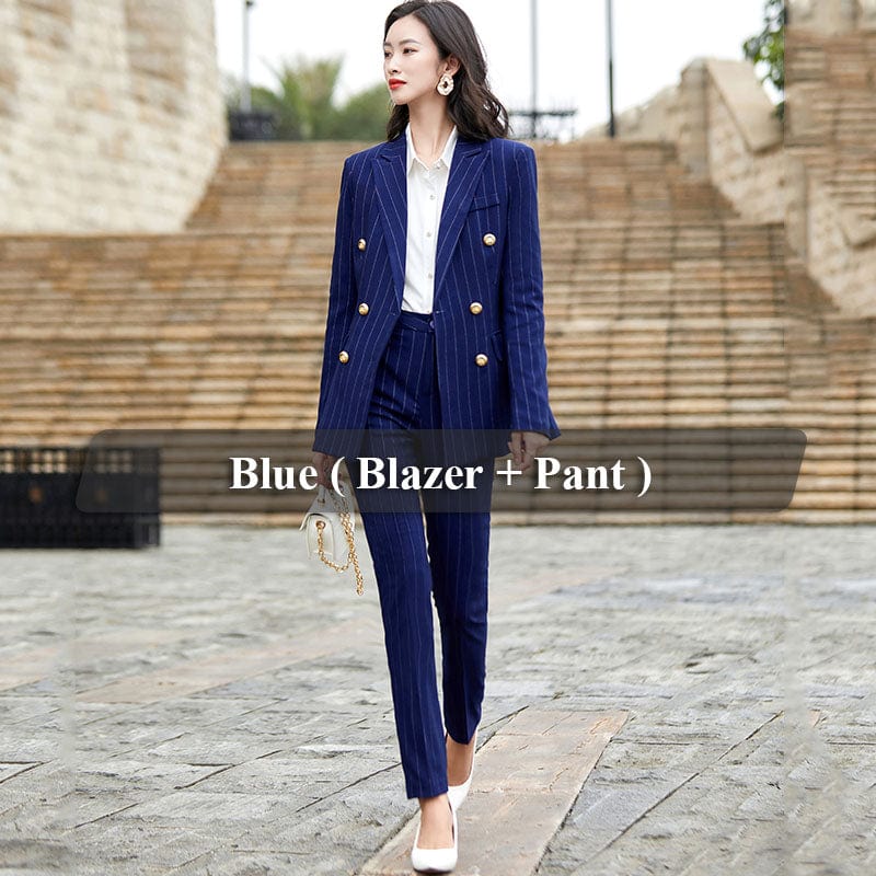 4 XL / 2 Piece Royal Blue Pant Suit Custom Womens Suit Wholesale Dropship Green Double Breasted Striped 2 Piece Suit Set Pant Suit Work Wear Office Lady Style