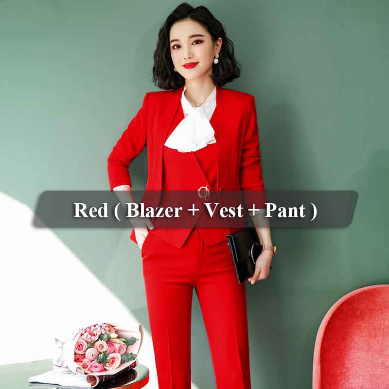 4 XL / 3 Piece Red Suits Wholesale 3 Pieces Pant Suit Women Quality Office Ladies Work Wear Women Formal Suits Female Blazer Jacket Vest trousers