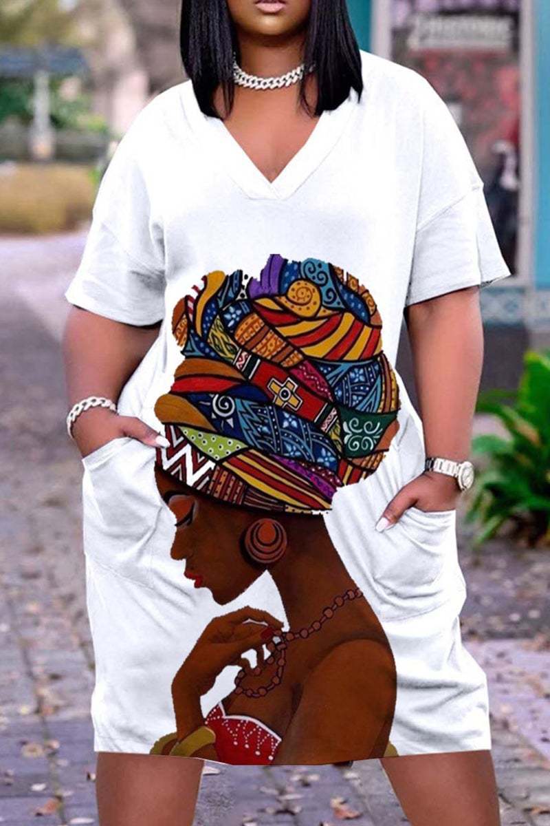 4 XL / 7 2023 summer trendy 3D Printed Fashion Casual Loose Plus Size Women's V-Neck half Sleeve midi Dress