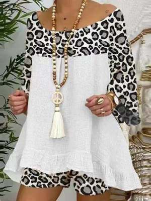 4 XL / 9 Coldker Leopard Printed Splicing Women's Shorts Set Loose Blouses Shorts 2 Piece Set Female 2022 Summer Boho Lady Print Suit