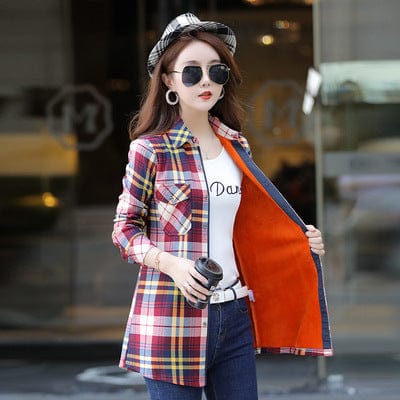 4 XL / A2 Velvet Thick Warm Women's Plaid Shirt Female Long Sleeve Tops M-5XL Winter Fleece Casual Check Blouse Autumn Clothes T18620Y
