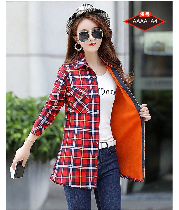 4 XL / A4 Velvet Thick Warm Women's Plaid Shirt Female Long Sleeve Tops M-5XL Winter Fleece Casual Check Blouse Autumn Clothes T18620Y