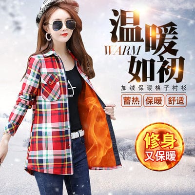 4 XL / A8 Velvet Thick Warm Women's Plaid Shirt Female Long Sleeve Tops M-5XL Winter Fleece Casual Check Blouse Autumn Clothes T18620Y