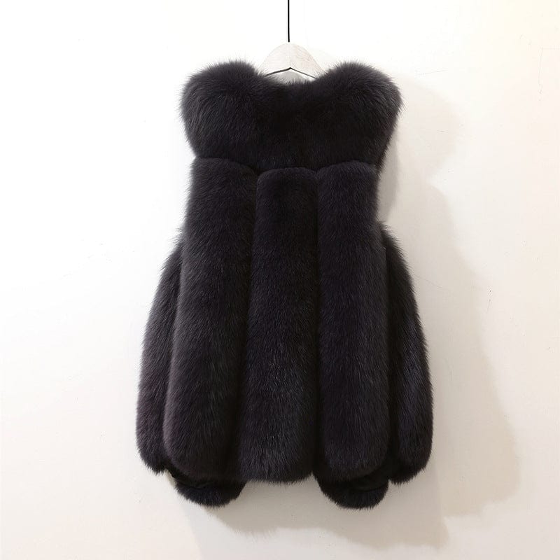 4 XL / Black factory sale ladies fashion winter warm thicken jacket 4XL size faux fox fur with hood hot sale vet wholesale fur jacket