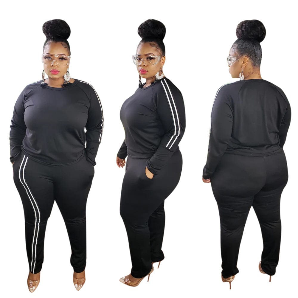 4 XL / Black Fashion Fall and winter casual women sportswear long-sleeved trousers solid color striped plus size 5XL sports suit