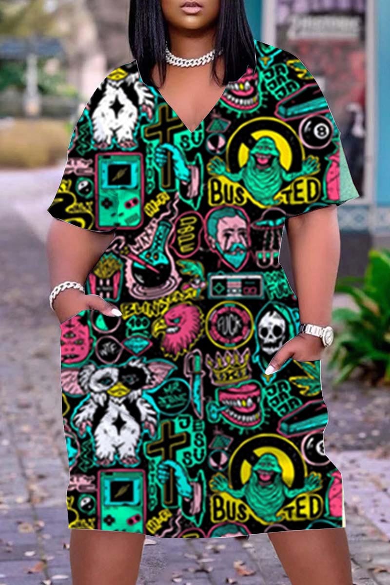 4 XL / Black Green Z102089 Plus size summer dress with Pocket short Sleeves V Neck Straight 3D printing Dresses