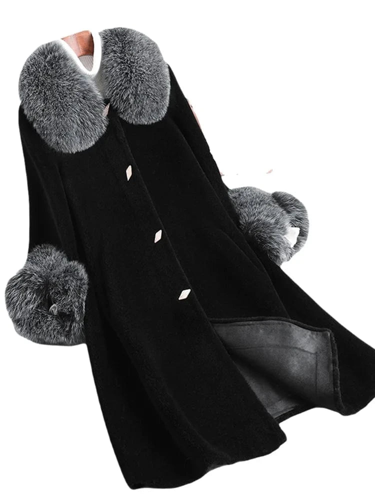 4 XL / Black-grey PUDI Winter Woman Real Fox Fur Wool Coat Jacket Female Long Sheep Shearing Over Size Black Trench Parka CT1100