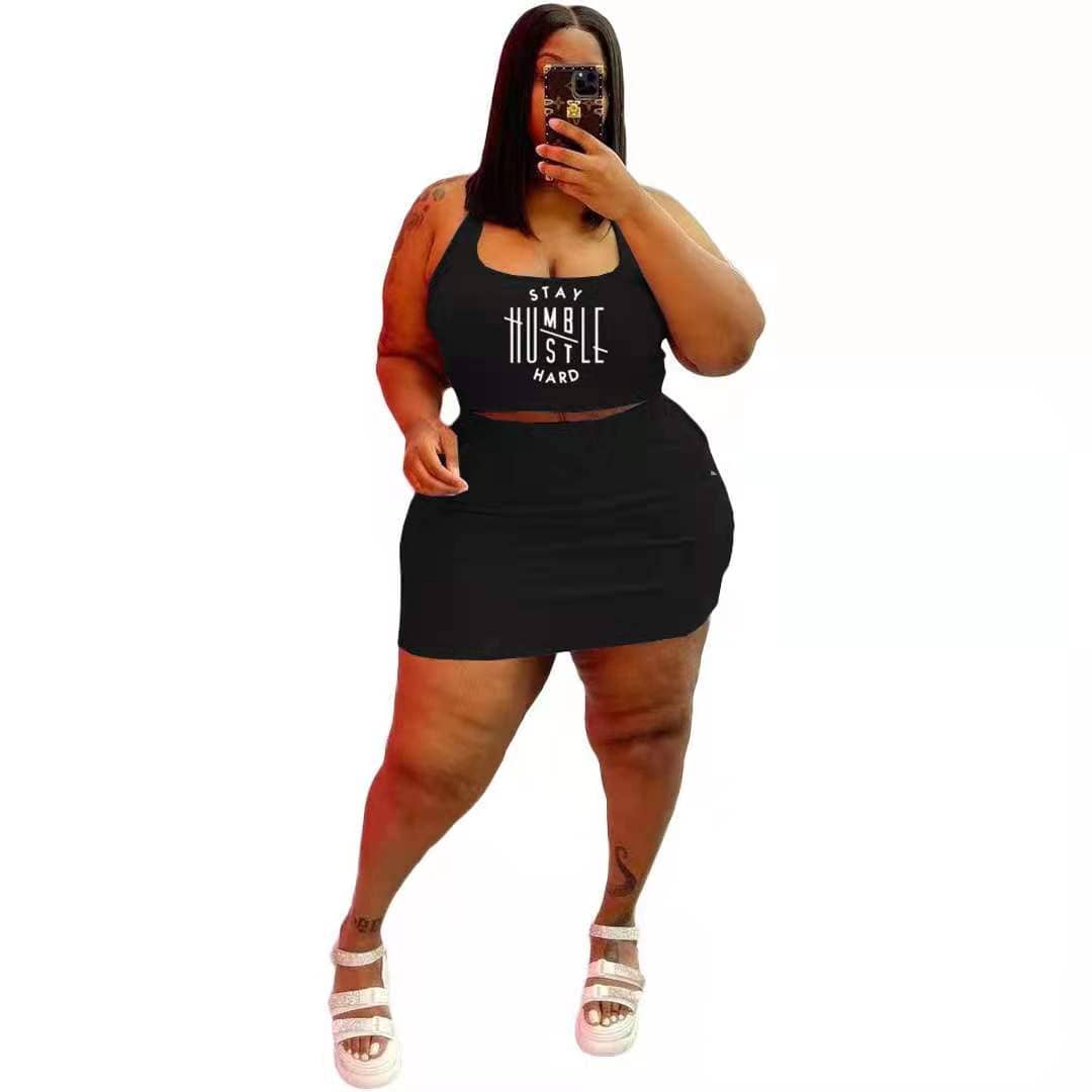 4 XL / black J&H fashion plus size casual summer two piece skirt set women's breathable tank tops with skirt outfit slim fit streetwear