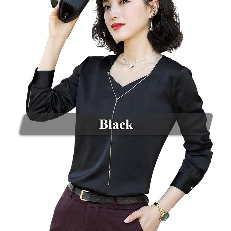 4 XL / black Smooth Fabric V-neck Shirts for Women High-quality Blouse with Chain Work Wear Office Lady Female Tops Chemise Loose style