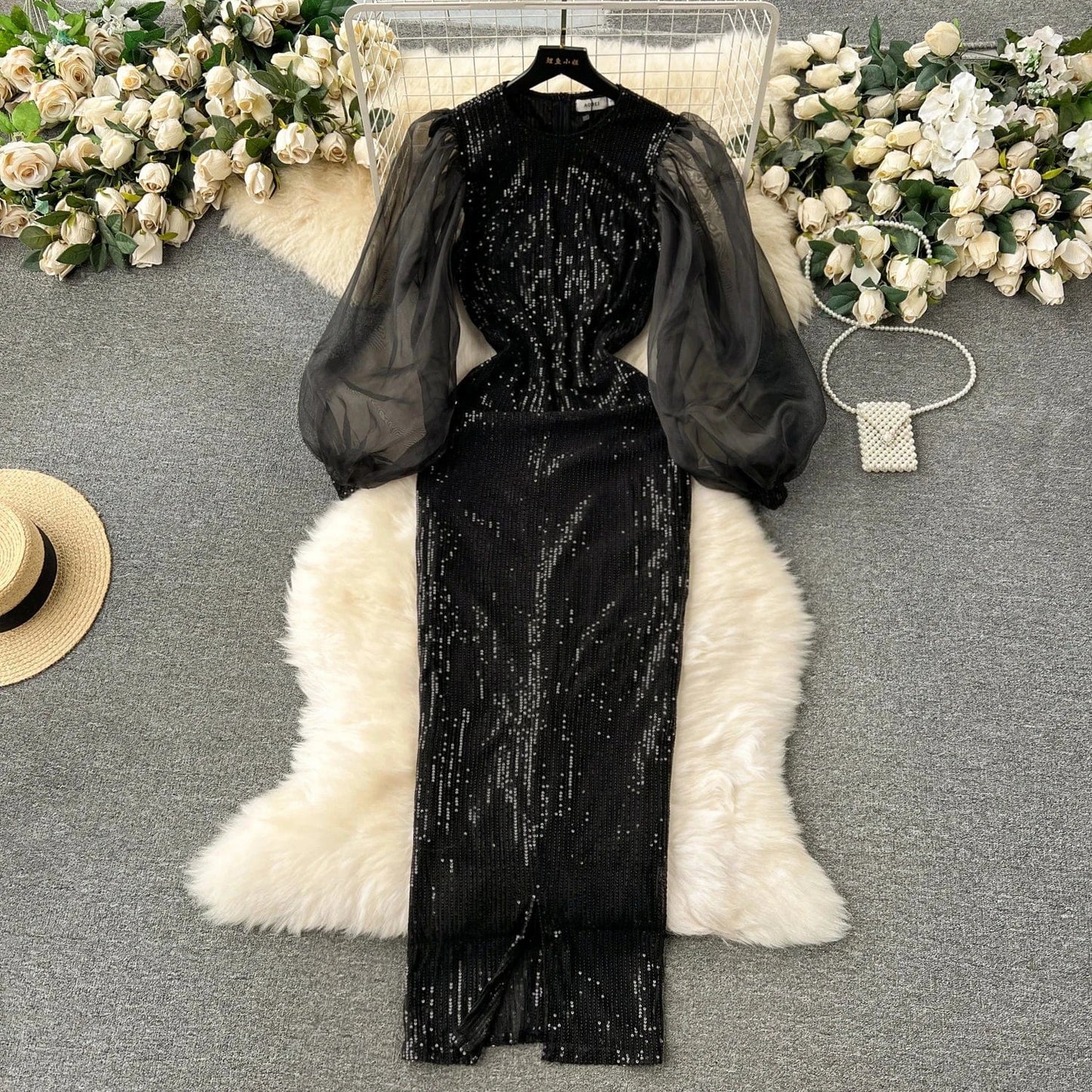 4 XL / Black Women's Evening Dress 2024 New High Stretch Organza Long Sleeve Bodycon Dinner Party Dresses Elegant Black Dress 4x