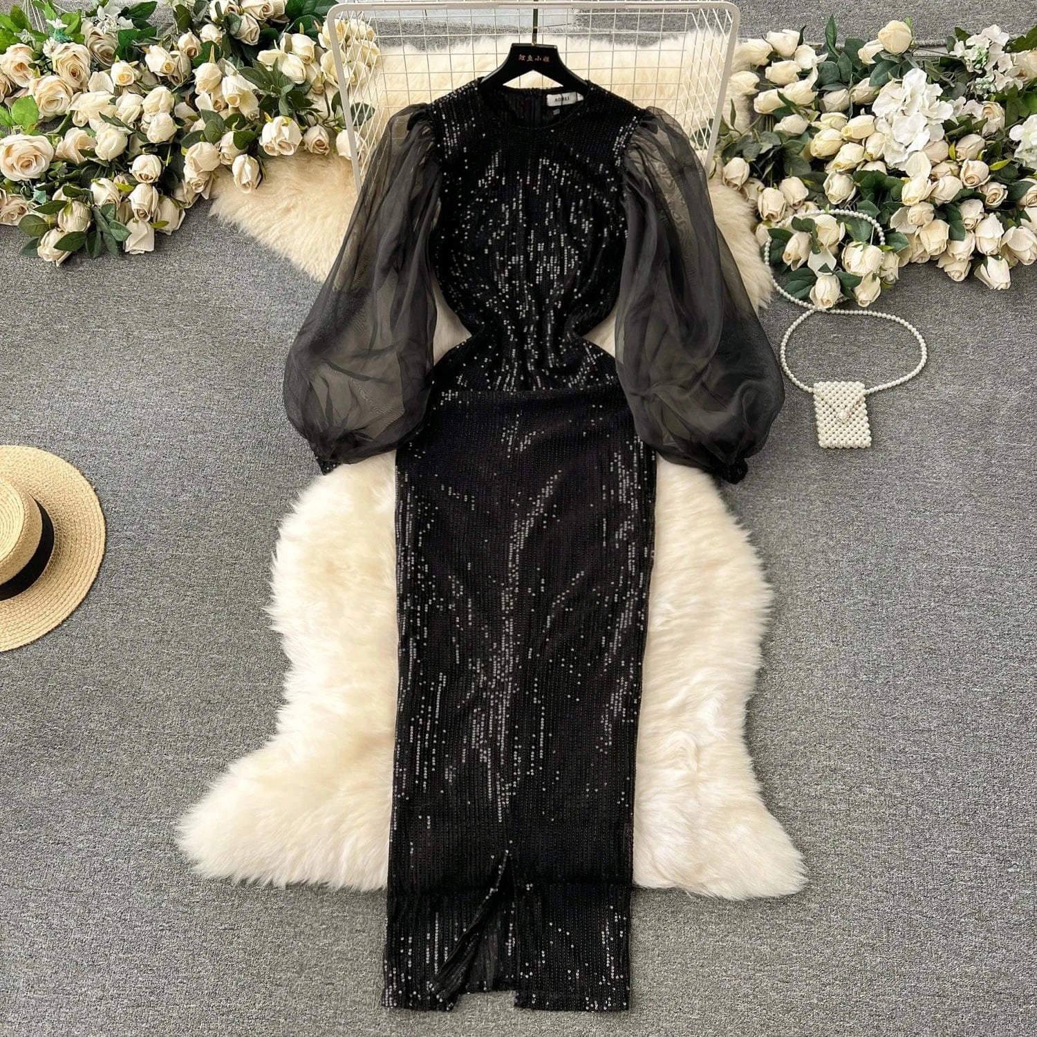 4 XL / Black Women's Evening Dress 2024 New High Stretch Organza Long Sleeve Bodycon Dinner Party Dresses Elegant Black Dress 4x
